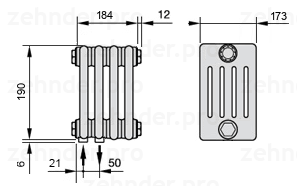 Схема (чертеж) Радиатор Zehnder Charleston 5019/4 №3370 Белый глянцевый RAL 9016